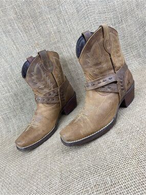 Women’s Cowboy Boots Harness Leather Beige Square Toe Western Pecos Bill Sz 8.5
